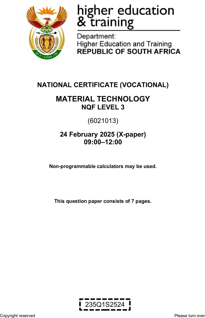 Material Technology Level 3 DHET NCV February 2025 Paper X - Question Paper