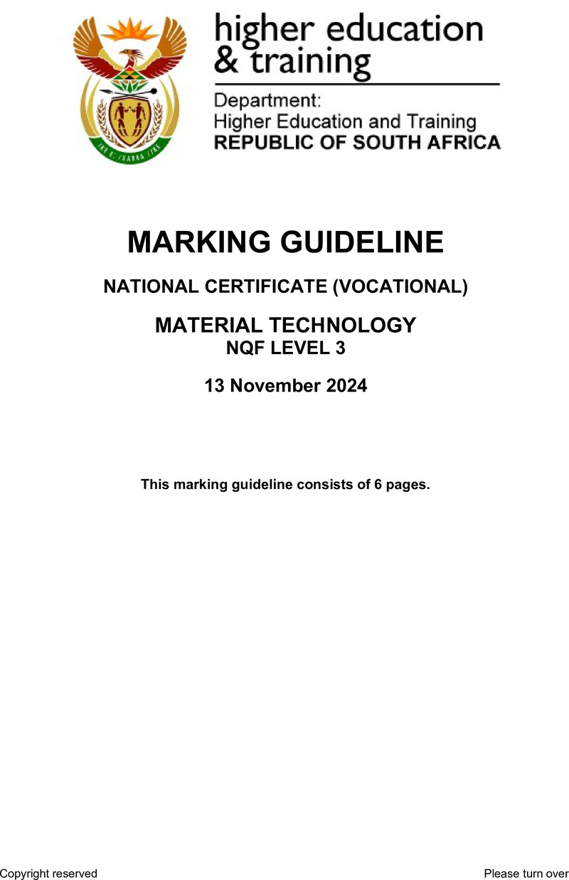 Materials Technology Level 3 DHET NCV 2024 - Memo
