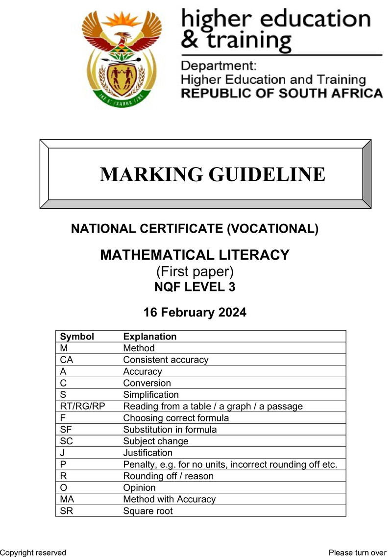 Mathematical Literacy Level 3 DHET NCV February 2024 - Memo