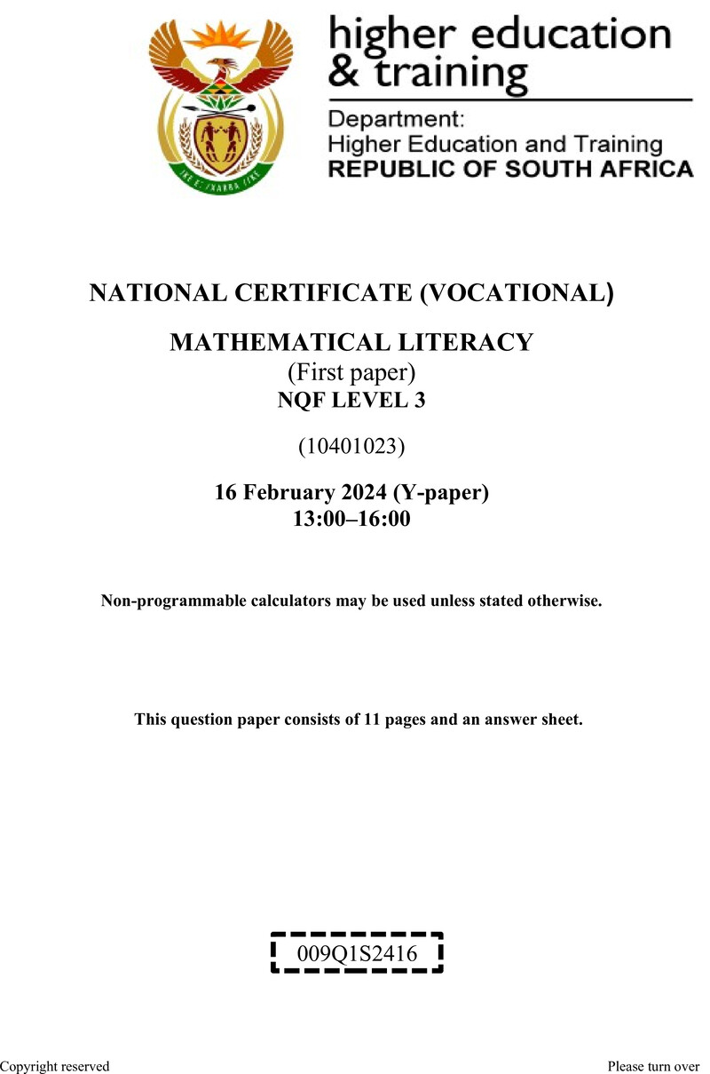 Mathematical Literacy Level 3 DHET NCV February 2024 Paper Y - Question Paper