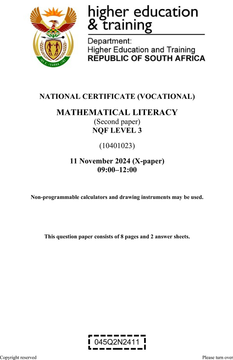 Mathematical Literacy Level 3 DHET NCV November 2024 Paper X - Question Paper