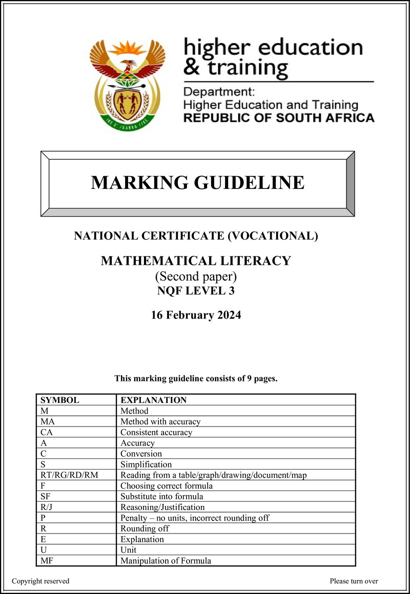 Mathematical Literacy Level 3 DHET NCV February 2024 - Memo