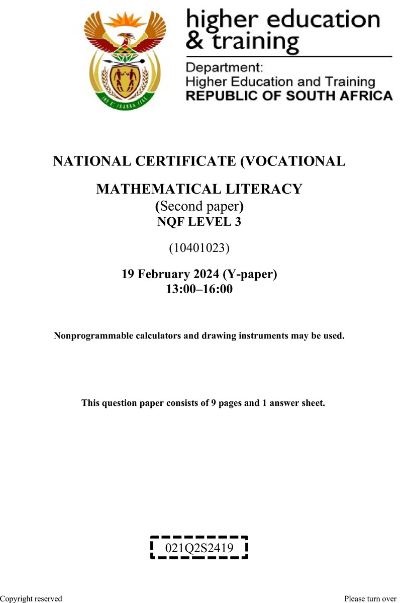 Mathematical Literacy Level 3 DHET NCV February 2024 Paper Y - Question Paper