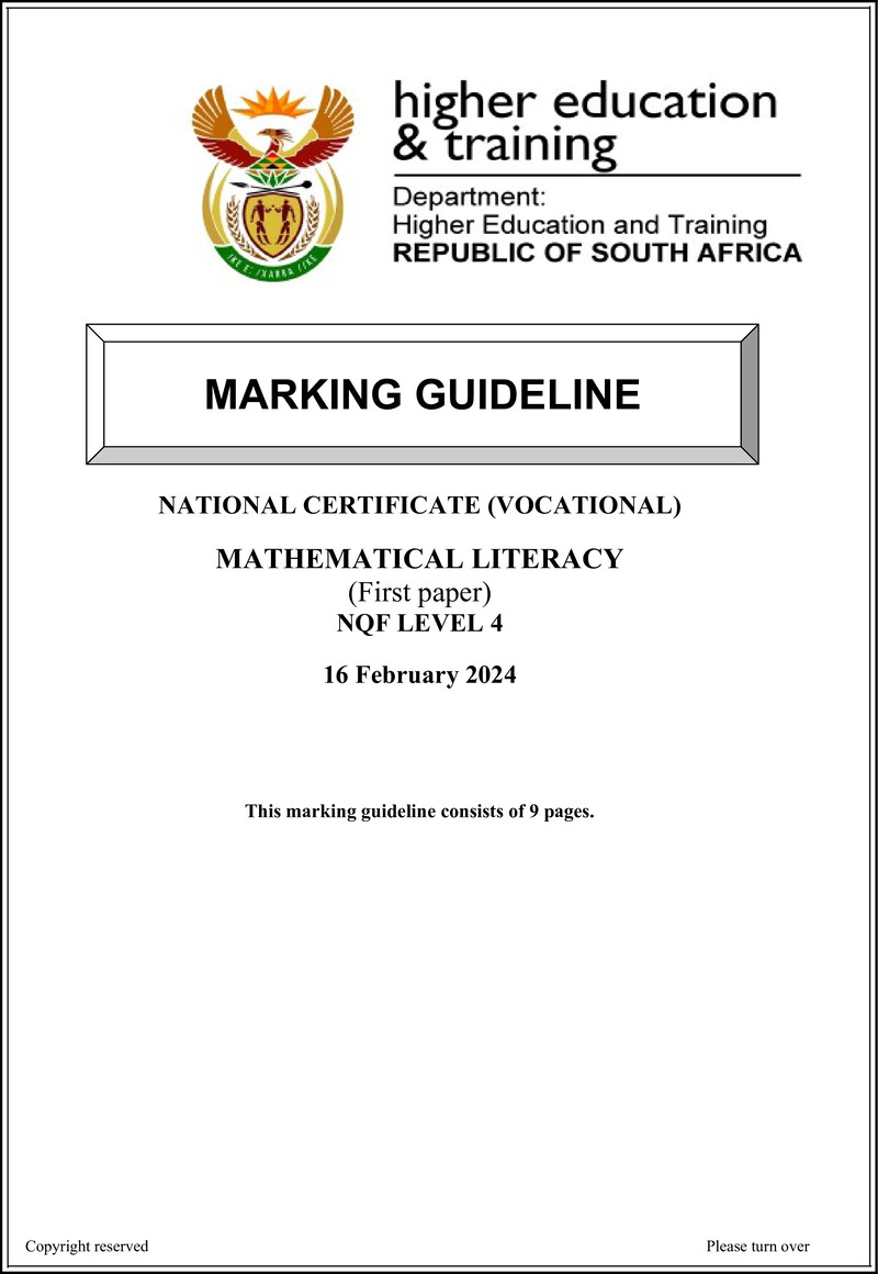 Mathematical Literacy Level 4 DHET NCV 2024 - Memo