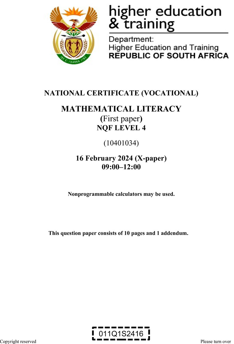 Mathematical Literacy Level 4 DHET NCV February 2024 Paper X - Question Paper