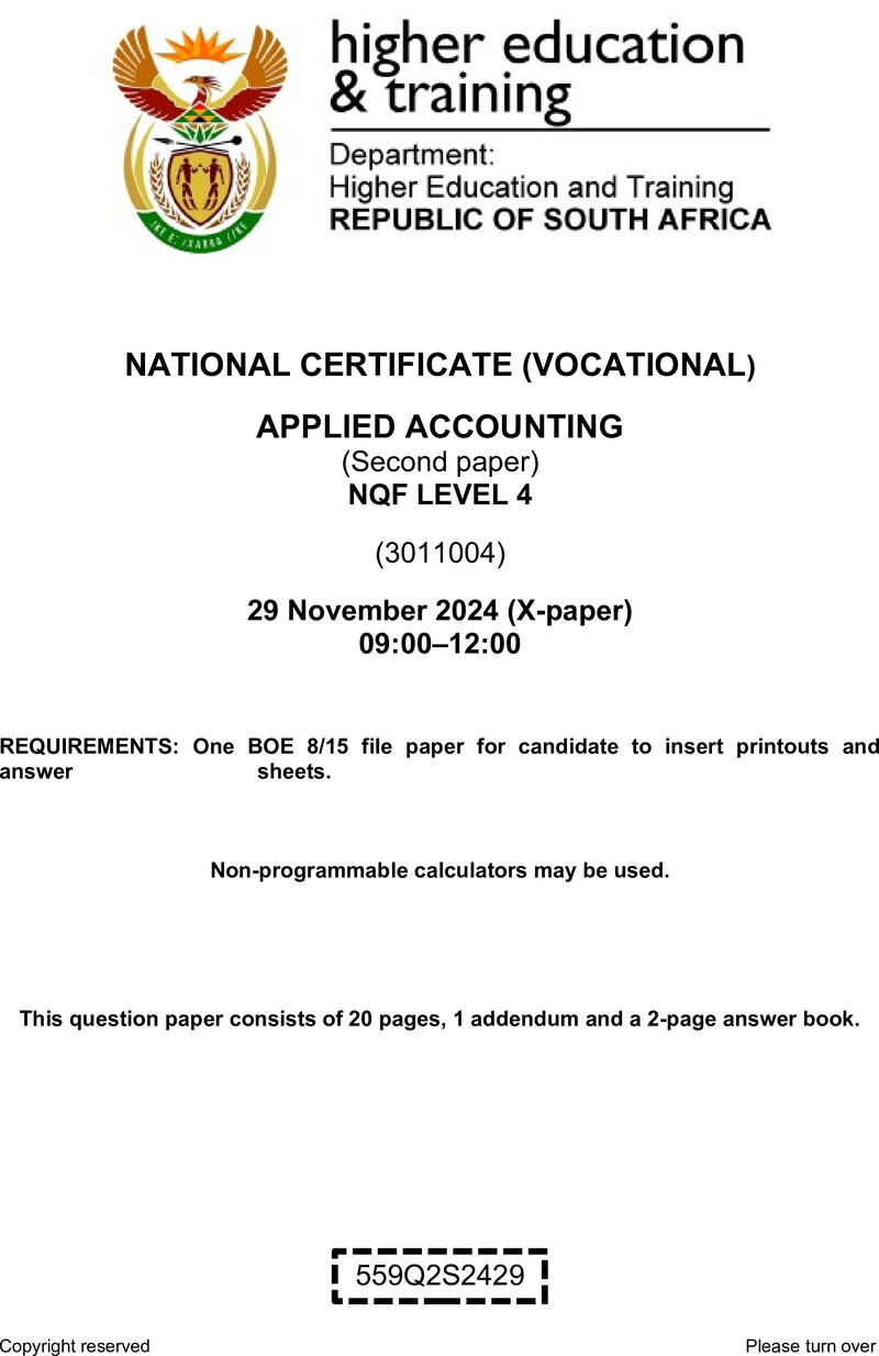 Applied Accounting Level 4 DHET NCV November 2024 Paper X - Question Paper