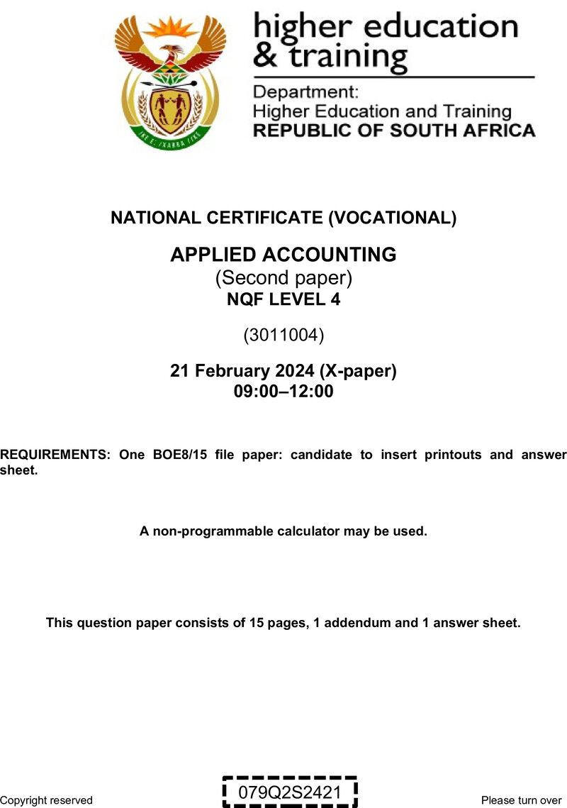 Applied Accounting Level 4 DHET NCV February 2024 Paper X - Question Paper