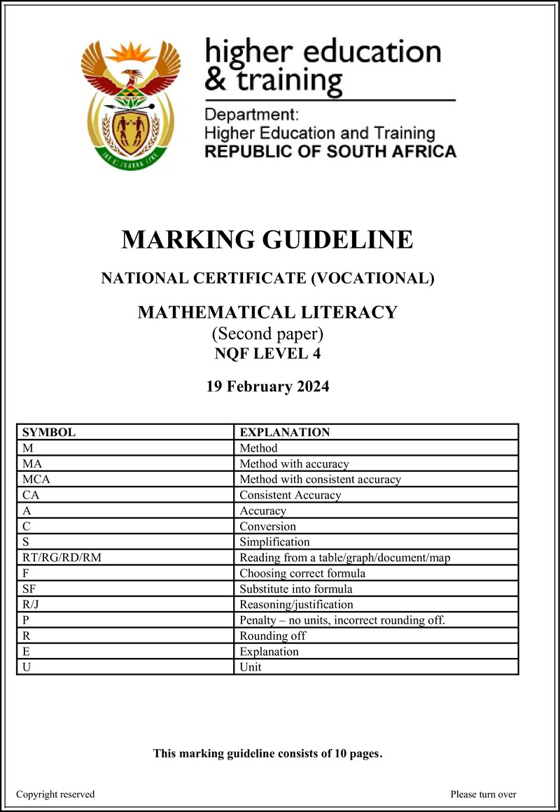 Mathematical Literacy Level 4 DHET NCV 2024 - Memo