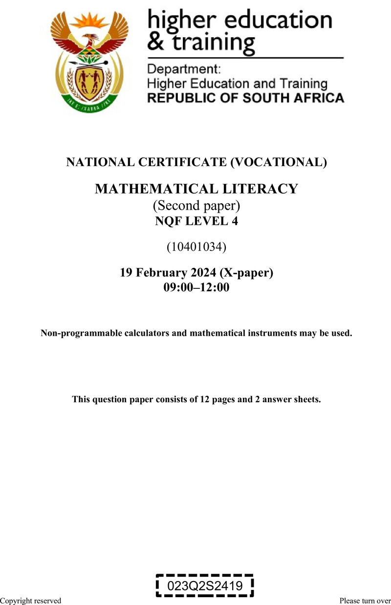 Mathematical Literacy Level 4 DHET NCV February 2024 Paper X - Question Paper