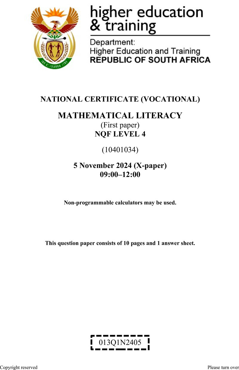 Mathematical Literacy Level 4 DHET NCV November 2024 Paper X - Question Paper