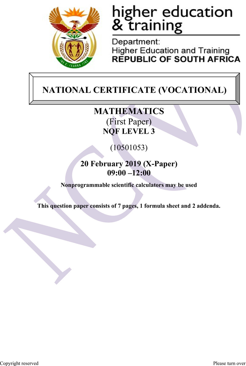 Mathematics Level 3 DHET NCV February 2019 Paper X - Question Paper