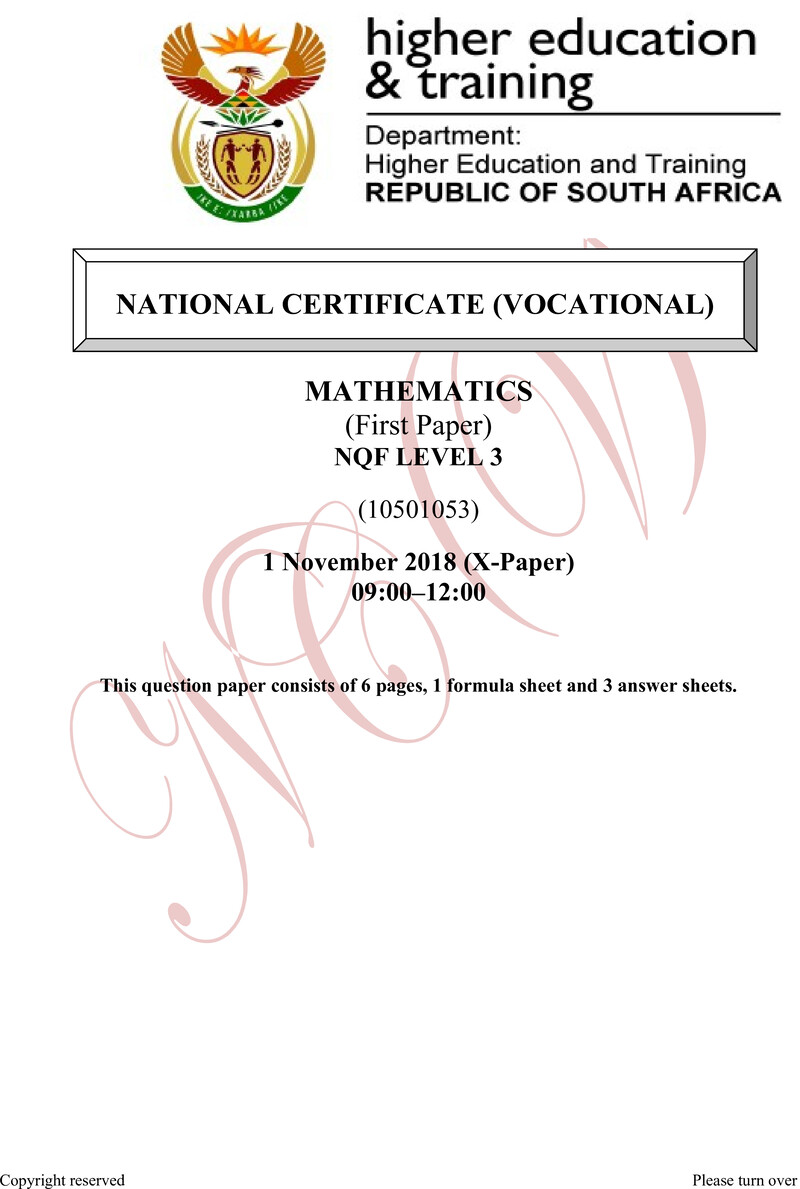 Mathematics Level 3 DHET NCV November 2018 Paper X - Question Paper