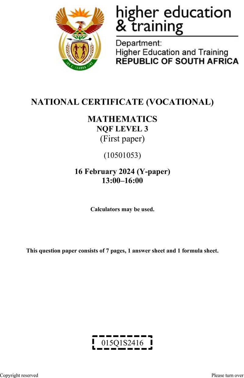 Mathematics Level 3 DHET NCV February 2024 Paper Y - Question Paper