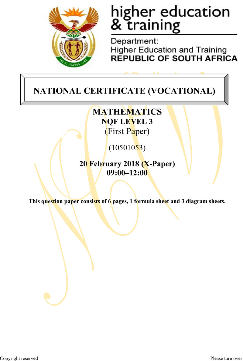 Mathematics Level 3 DHET NCV February 2018 Paper X - Question Paper