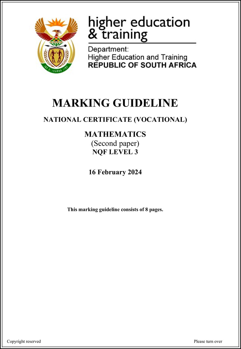 Mathematics Level 3 DHET NCV February 2024 - Memo