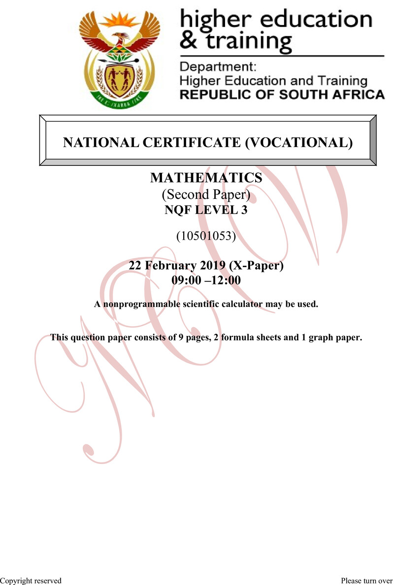 Mathematics Level 3 DHET NCV February 2019 Paper X - Question Paper