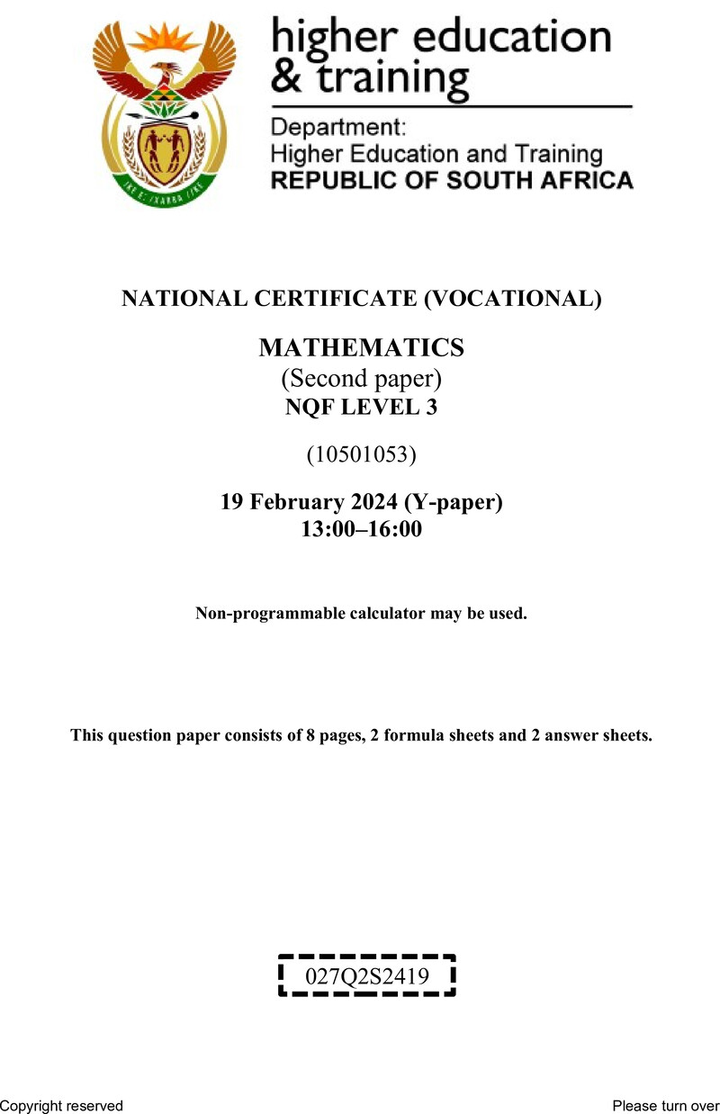 Mathematics Level 3 DHET NCV February 2024 Paper Y - Question Paper