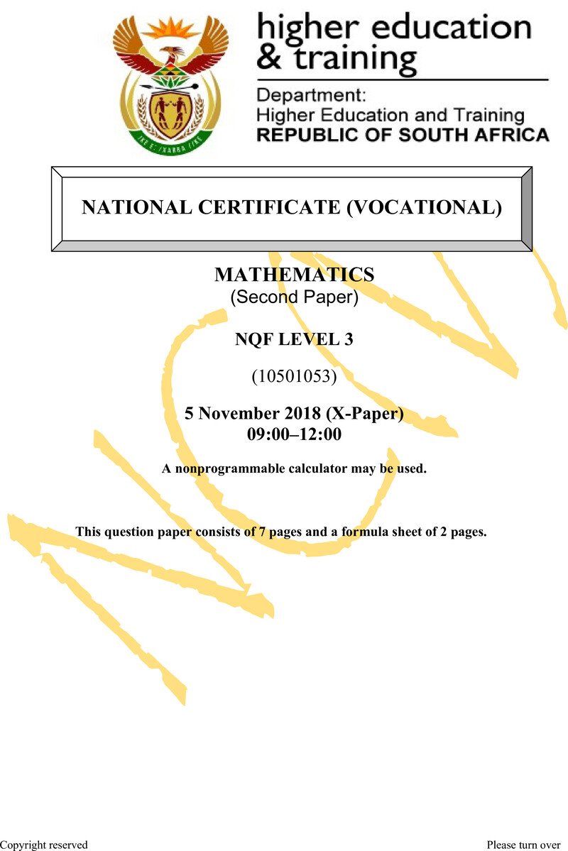 Mathematics Level 3 DHET NCV November 2018 Paper X - Question Paper