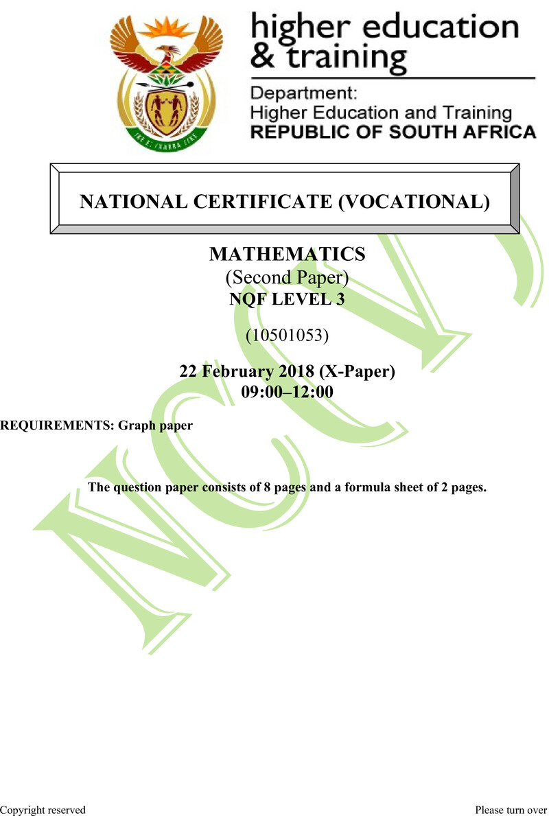 Mathematics Level 3 DHET NCV February 2018 Paper X - Question Paper