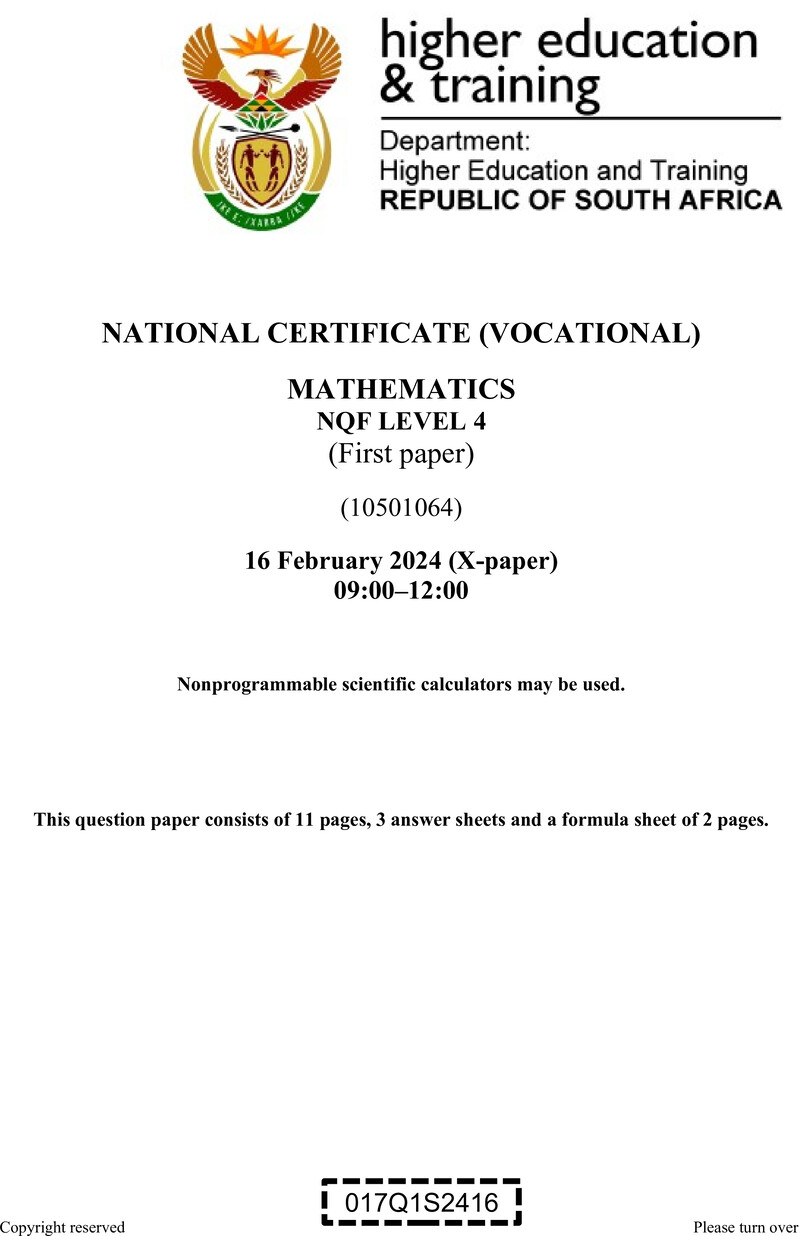 Mathematics Level 4 DHET NCV February 2024 Paper X - Question Paper