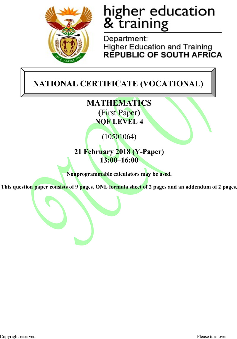 Mathematics Level 4 DHET NCV February 2018 Paper Y - Question Paper