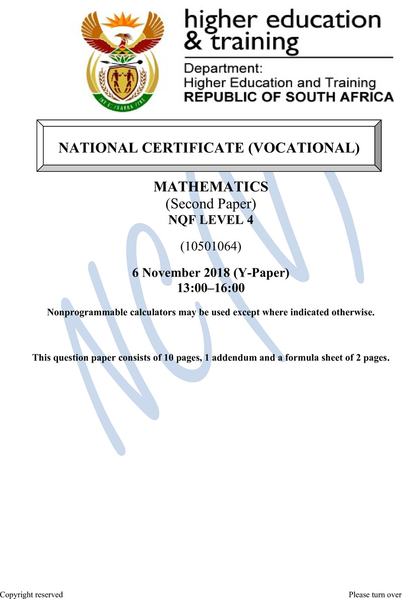 Mathematics Level 4 DHET NCV November 2018 Paper Y - Question Paper