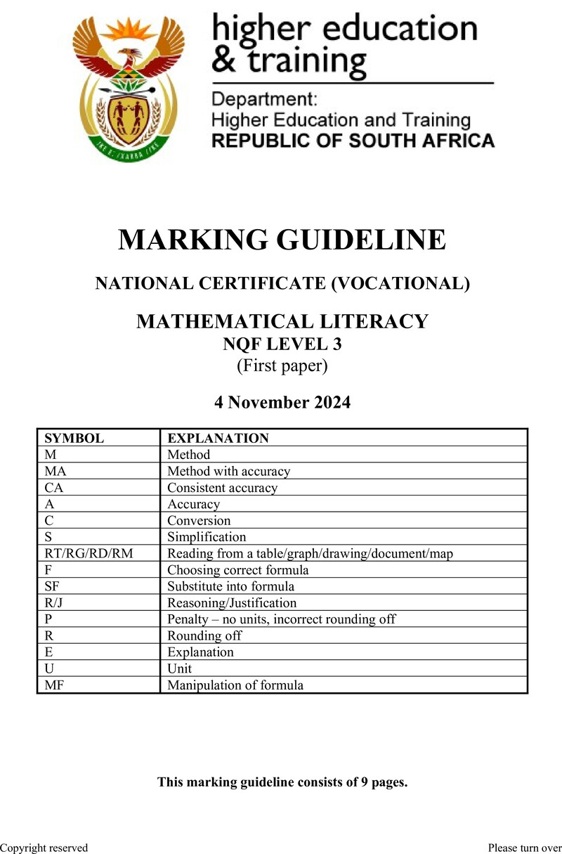 Mathematical Literacy Level 3 DHET NCV November 2024 - Memo