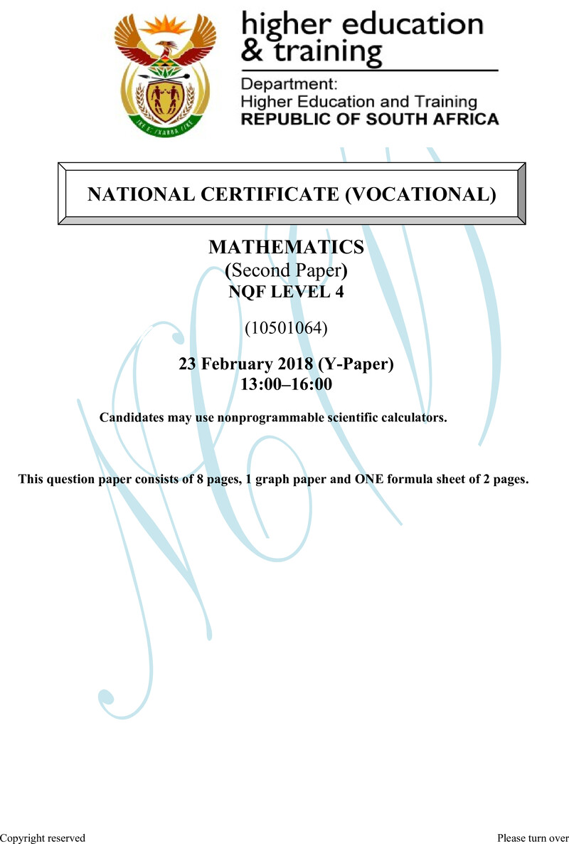 Mathematics Level 4 DHET NCV February 2018 Paper Y - Question Paper