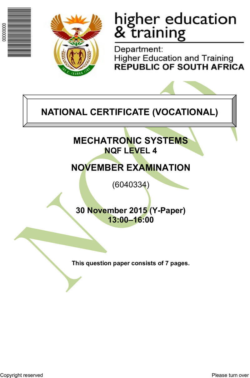 Mechatronic Systems Level 4 DHET NCV November 2015 Paper Y - Question Paper