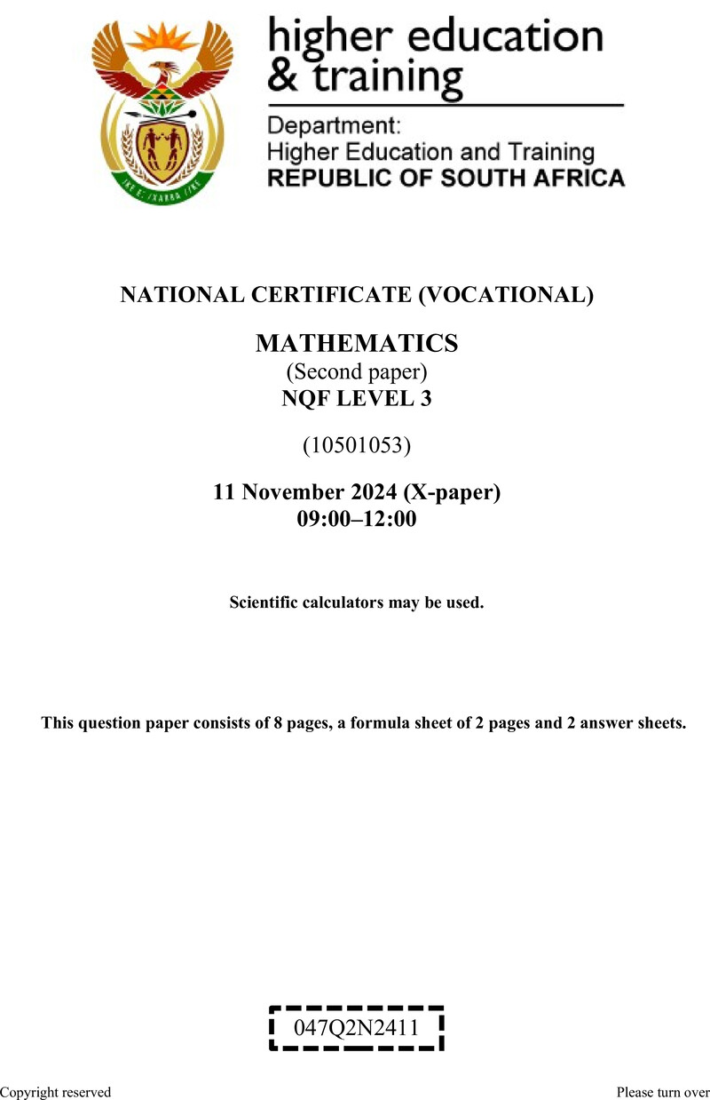 Mathematics Level 3 DHET NCV November 2024 Paper X - Question Paper