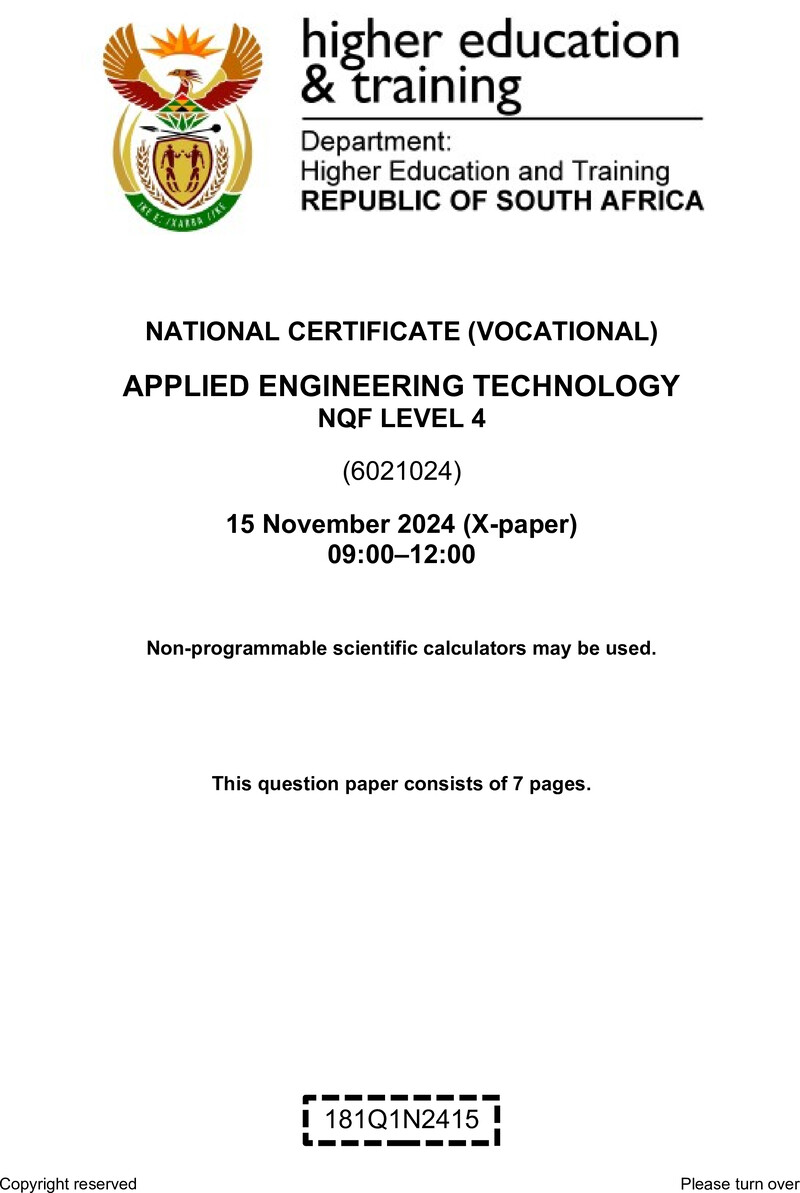 Applied Engineering Technology Level 4 DHET NCV November 2024 Paper X - Question Paper