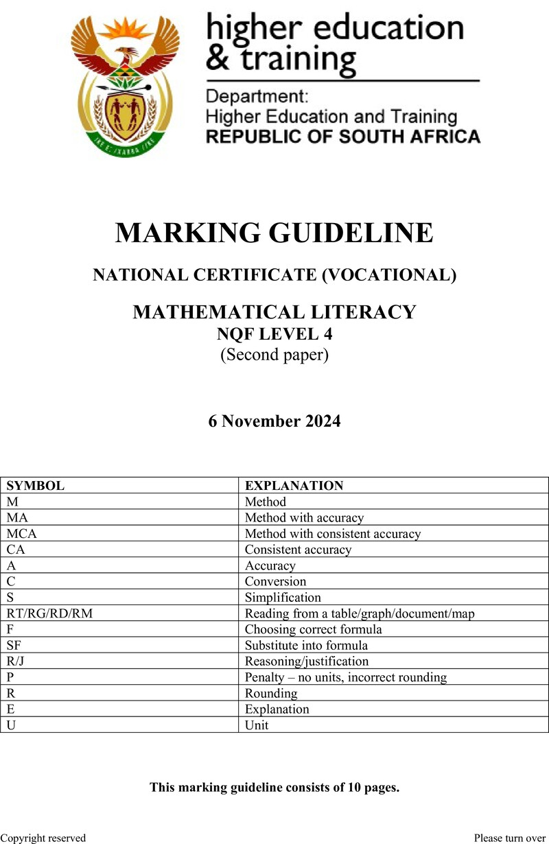 Mathematical Literacy Level 4 DHET NCV November 2024 - Memo
