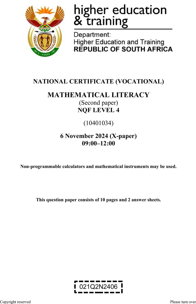 Mathematical Literacy Level 4 DHET NCV November 2024 Paper X - Question Paper