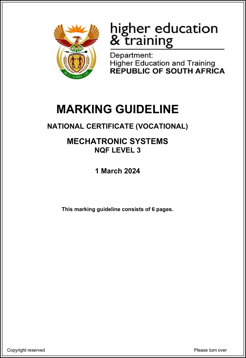 Mechatronic Systems Level 3 DHET NCV March 2024 - Memo