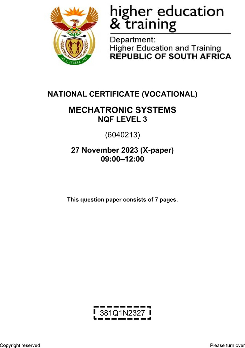 Mechatronic Systems Level 3 DHET NCV November 2023 Paper X - Question Paper