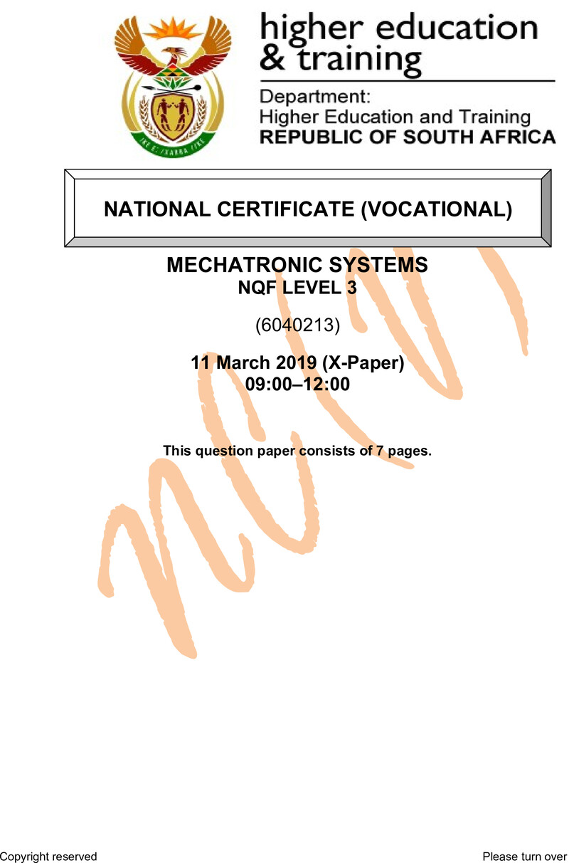 Mechatronic Systems Level 3 DHET NCV March 2019 Paper X - Question Paper