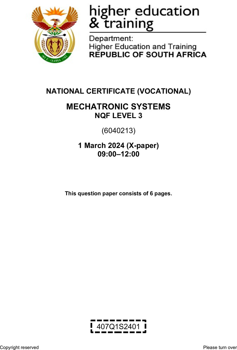 Mechatronic Systems Level 3 DHET NCV March 2024 Paper X - Question Paper