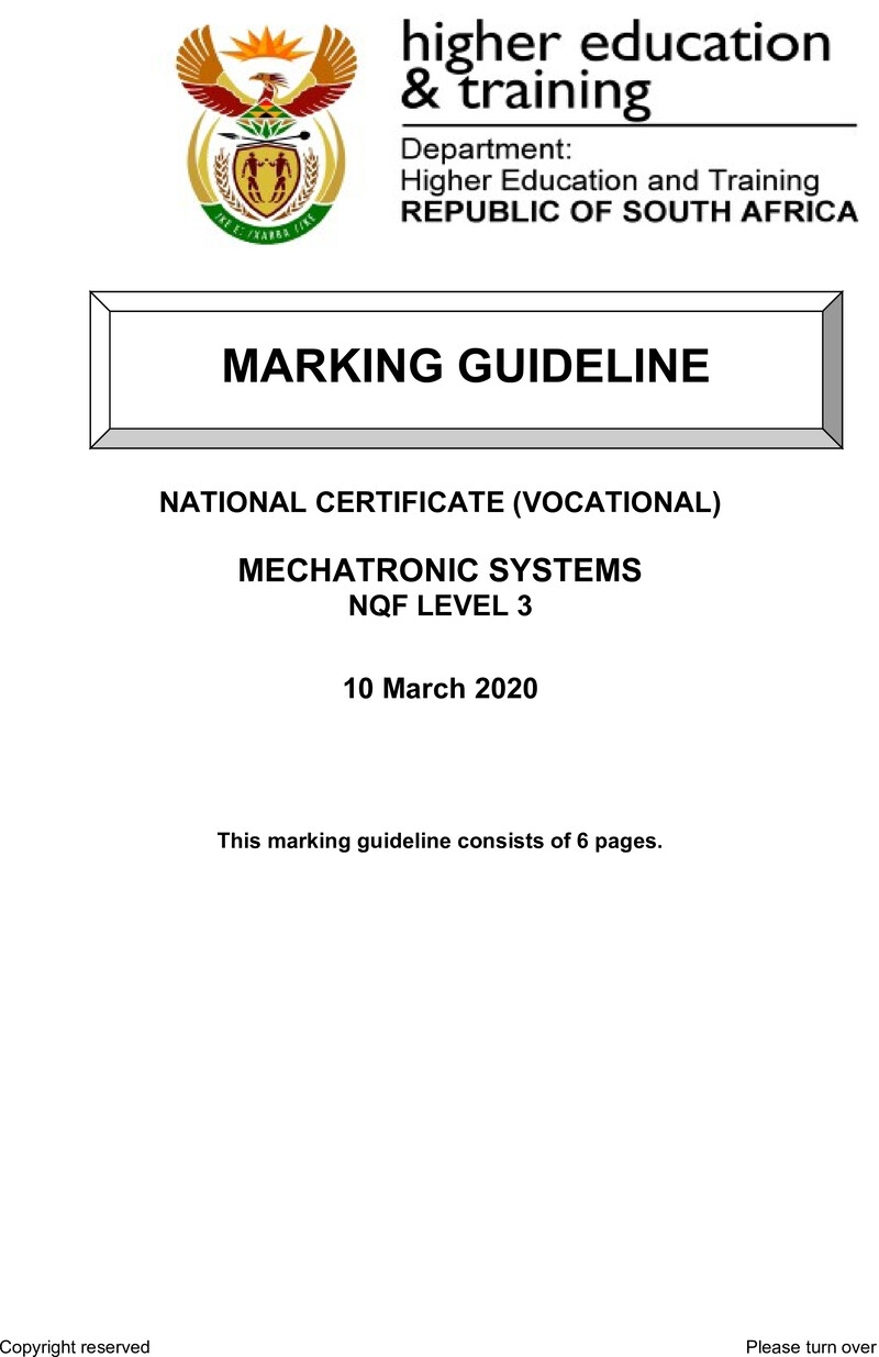 Mechatronic Systems Level 3 DHET NCV March 2020 - Memo