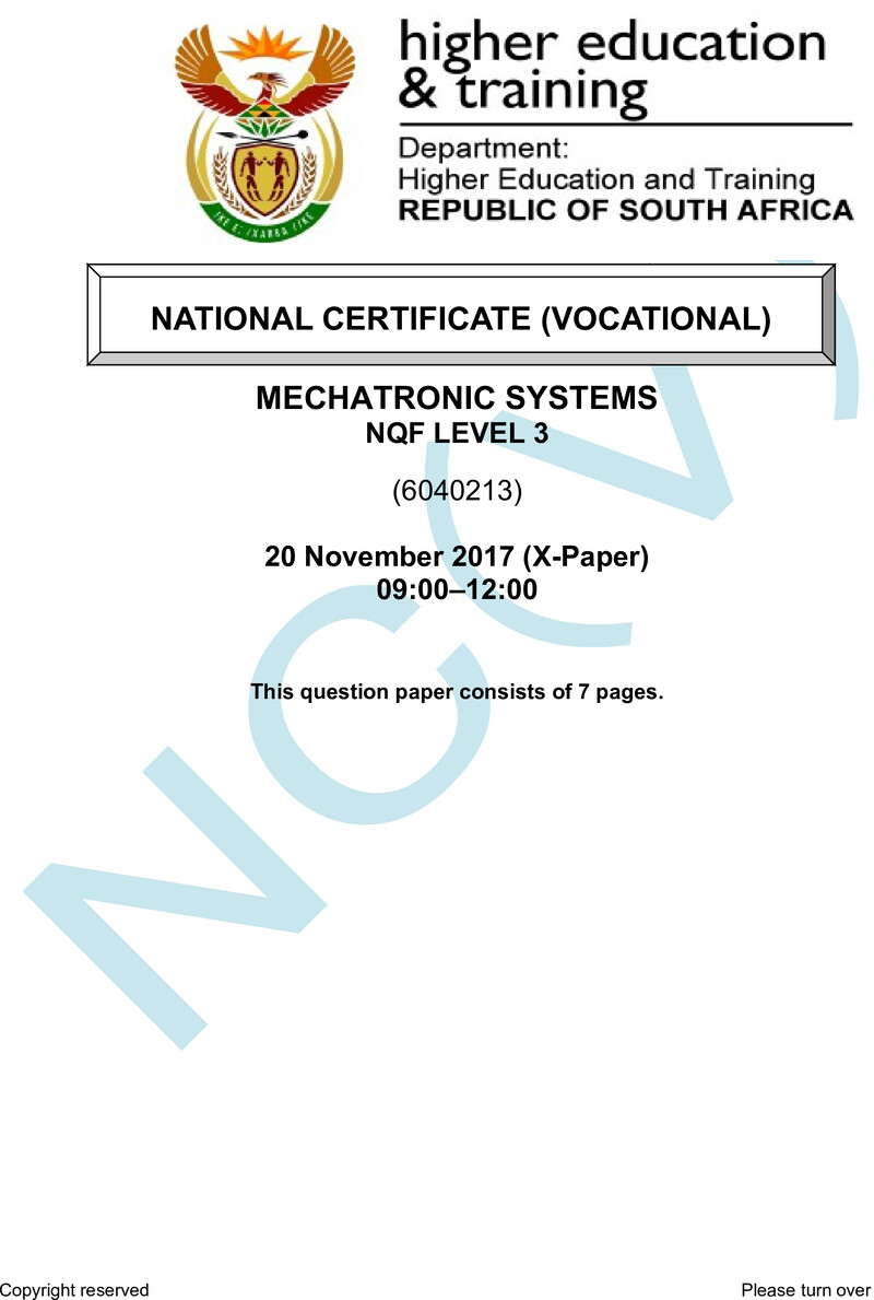Mechatronic Systems Level 3 DHET NCV November 2017 Paper X - Question Paper