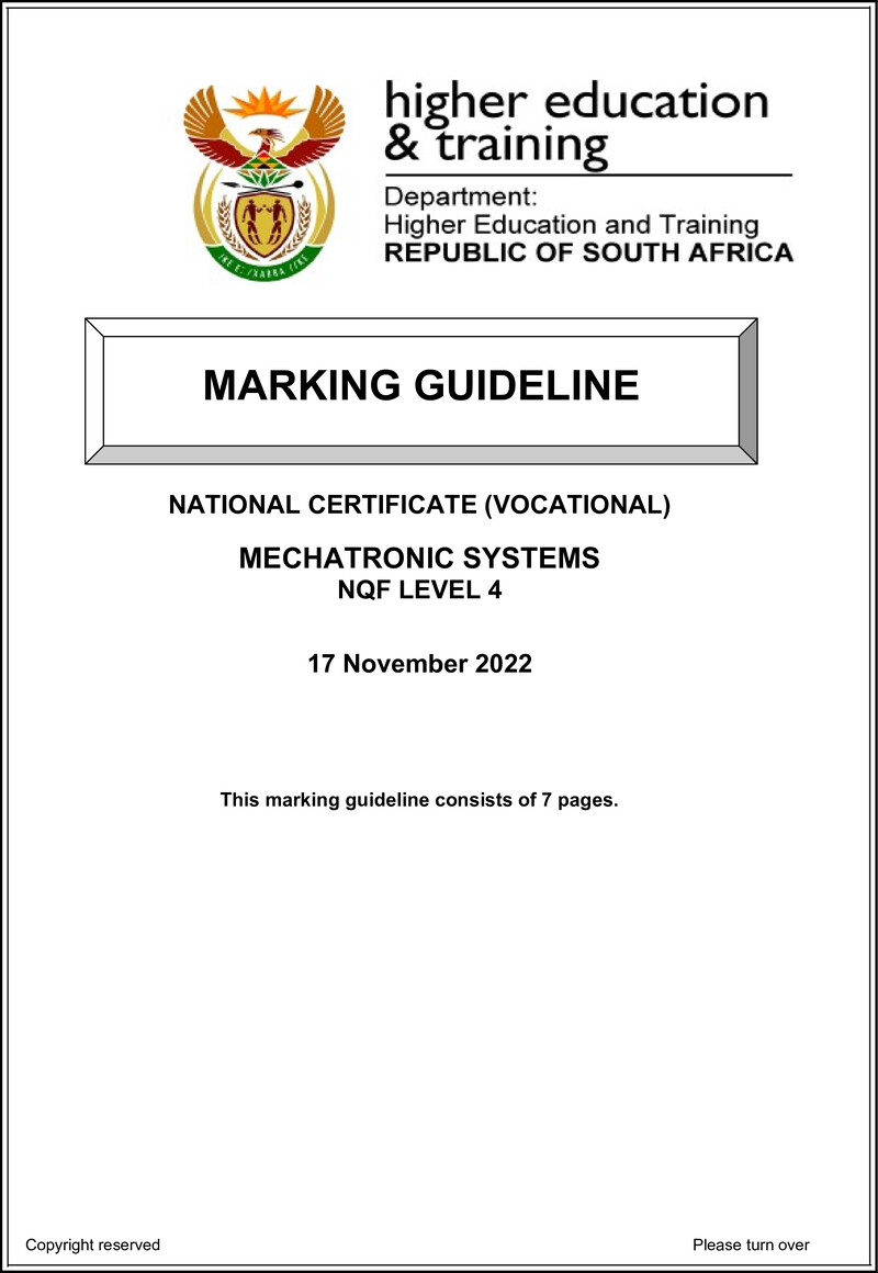 Mechatronic Systems Level 4 DHET NCV 2022 - Memo