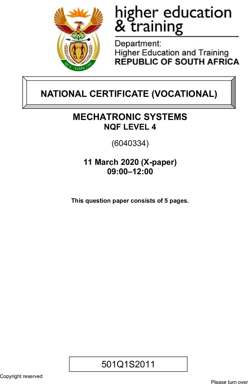 Mechatronic Systems Level 4 DHET NCV March 2020 Paper X - Question Paper