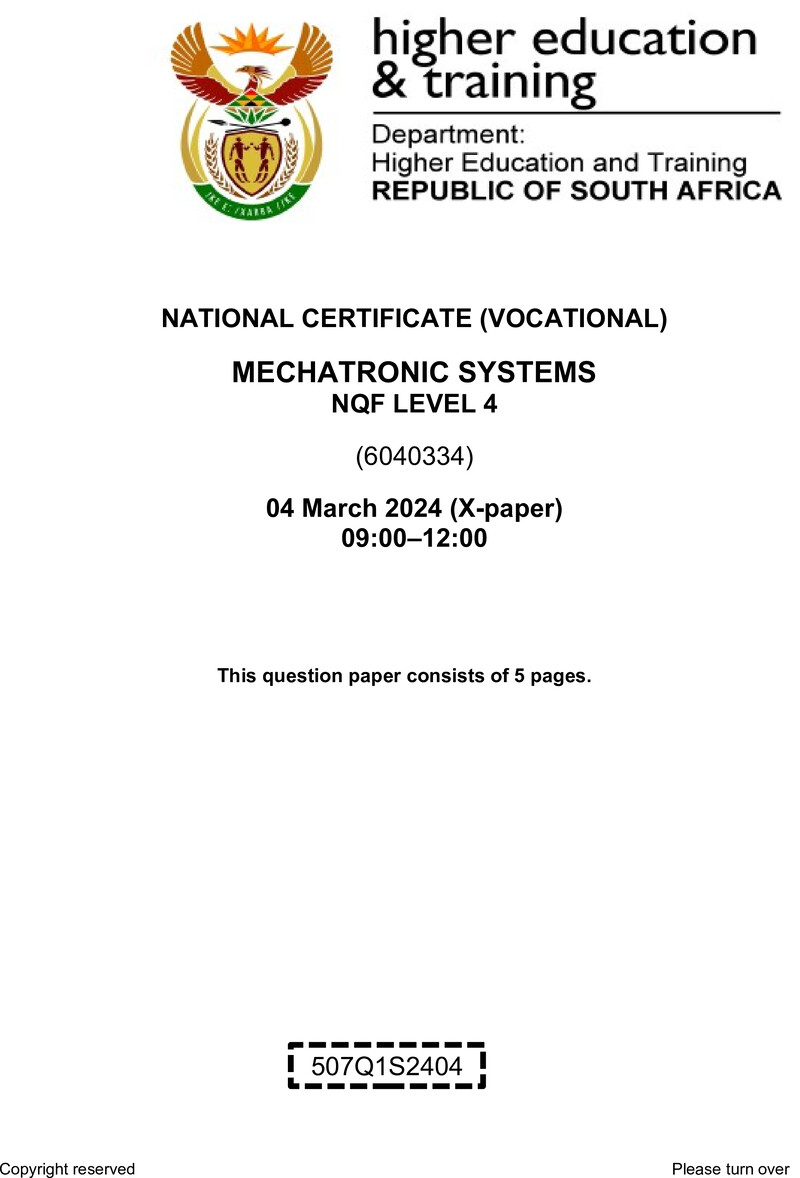 Mechatronic Systems Level 4 DHET NCV March 2024 Paper X - Question Paper