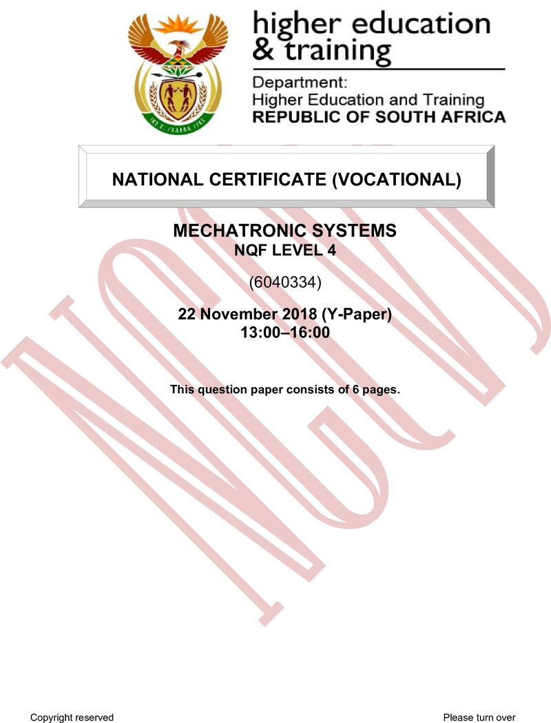 Mechatronic Systems Level 4 DHET NCV November 2018 Paper Y - Question Paper