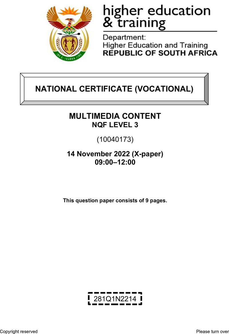 Multimedia Content Level 3 DHET NCV November 2022 Paper X - Question Paper