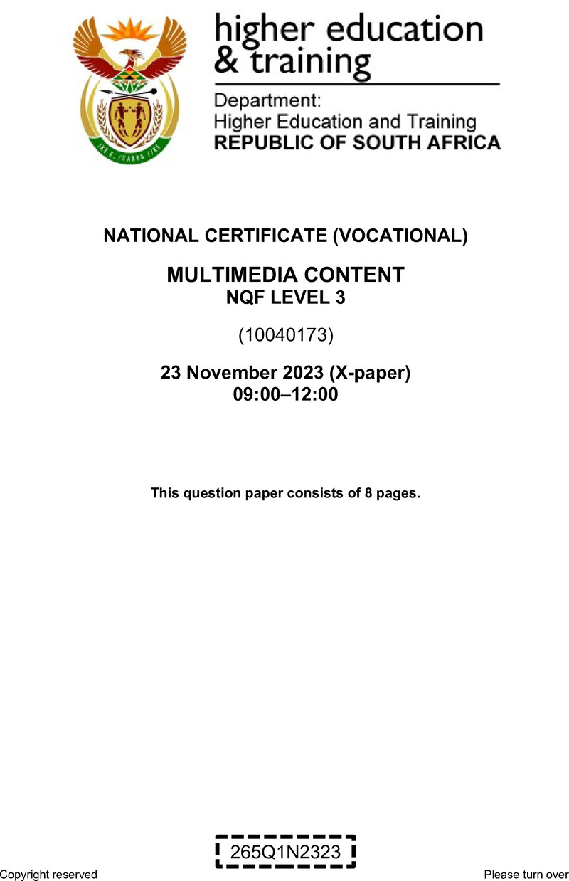 Multimedia Content Level 3 DHET NCV November 2023 Paper X - Question Paper