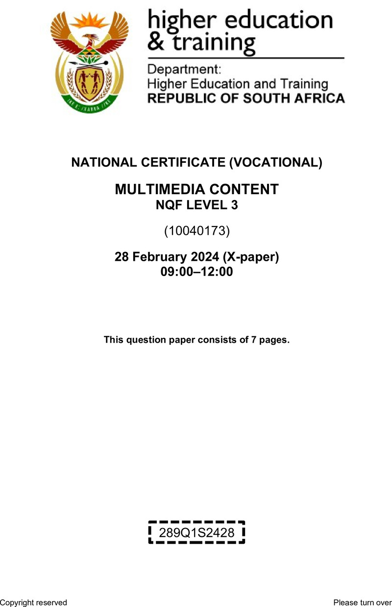 Multimedia Content Level 3 DHET NCV February 2024 Paper X - Question Paper