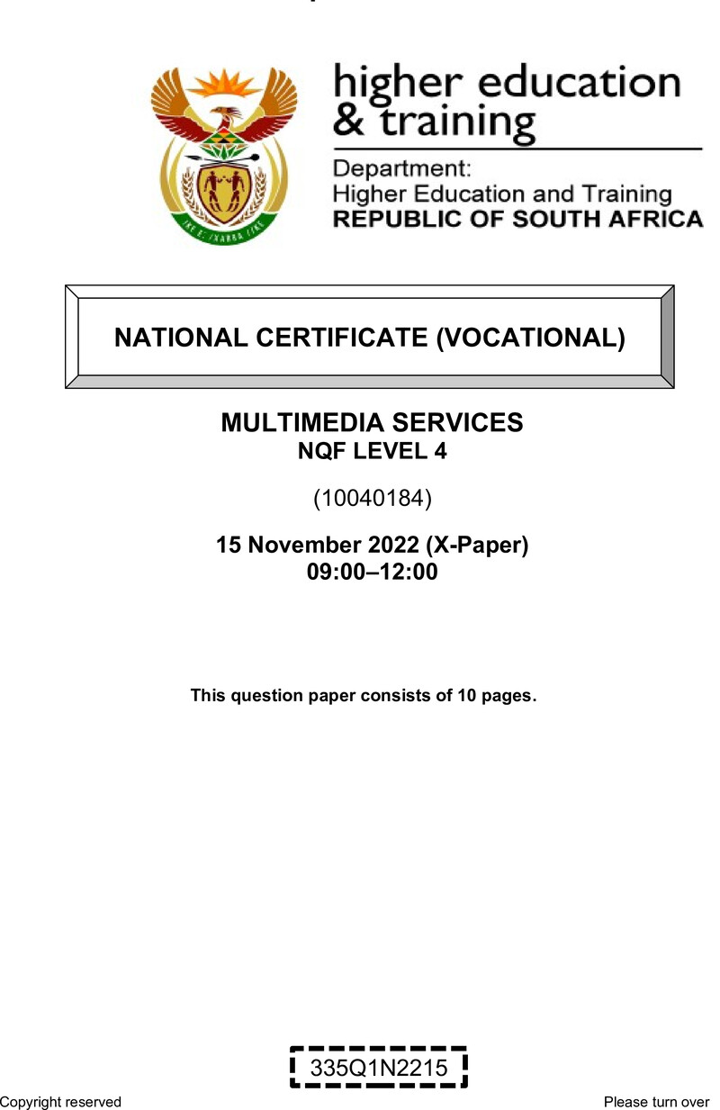 Multimedia Services Level 4 DHET NCV November 2022 Paper X - Question Paper