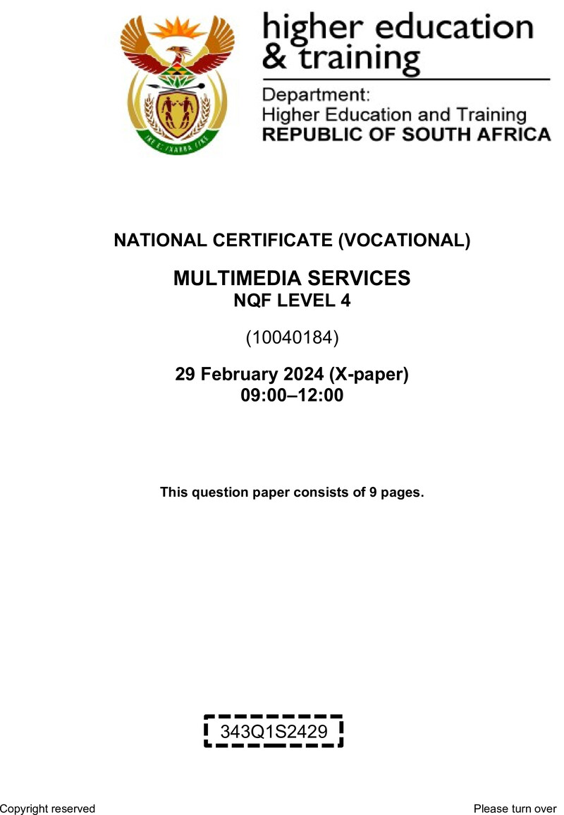 Multimedia Services Level 4 DHET NCV February 2024 Paper X - Question Paper