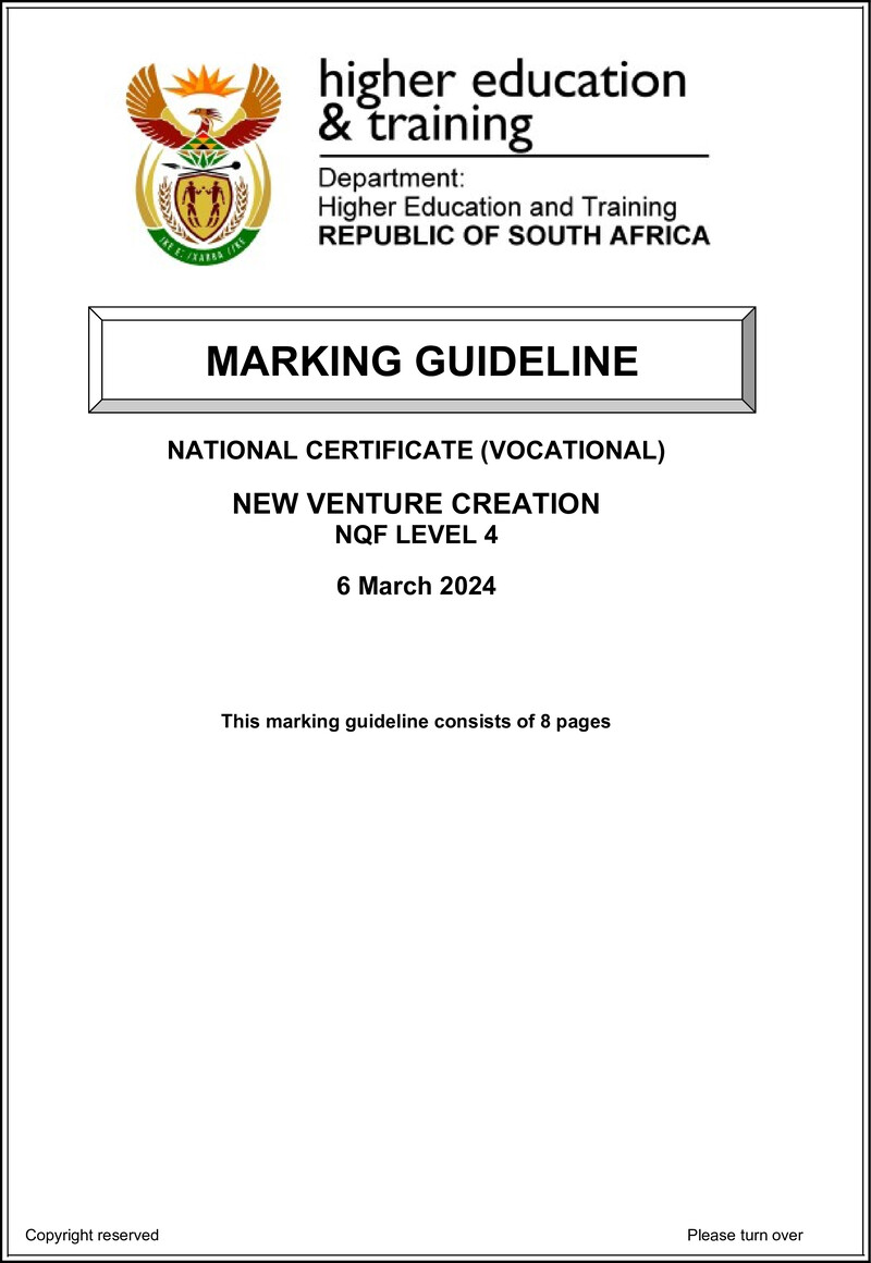 New Venture Creation Level 4 DHET NCV March 2024 - Memo