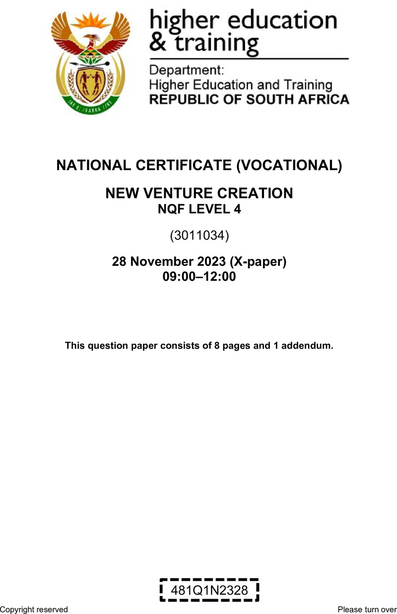 New Venture Creation Level 4 DHET NCV November 2023 Paper X - Question Paper
